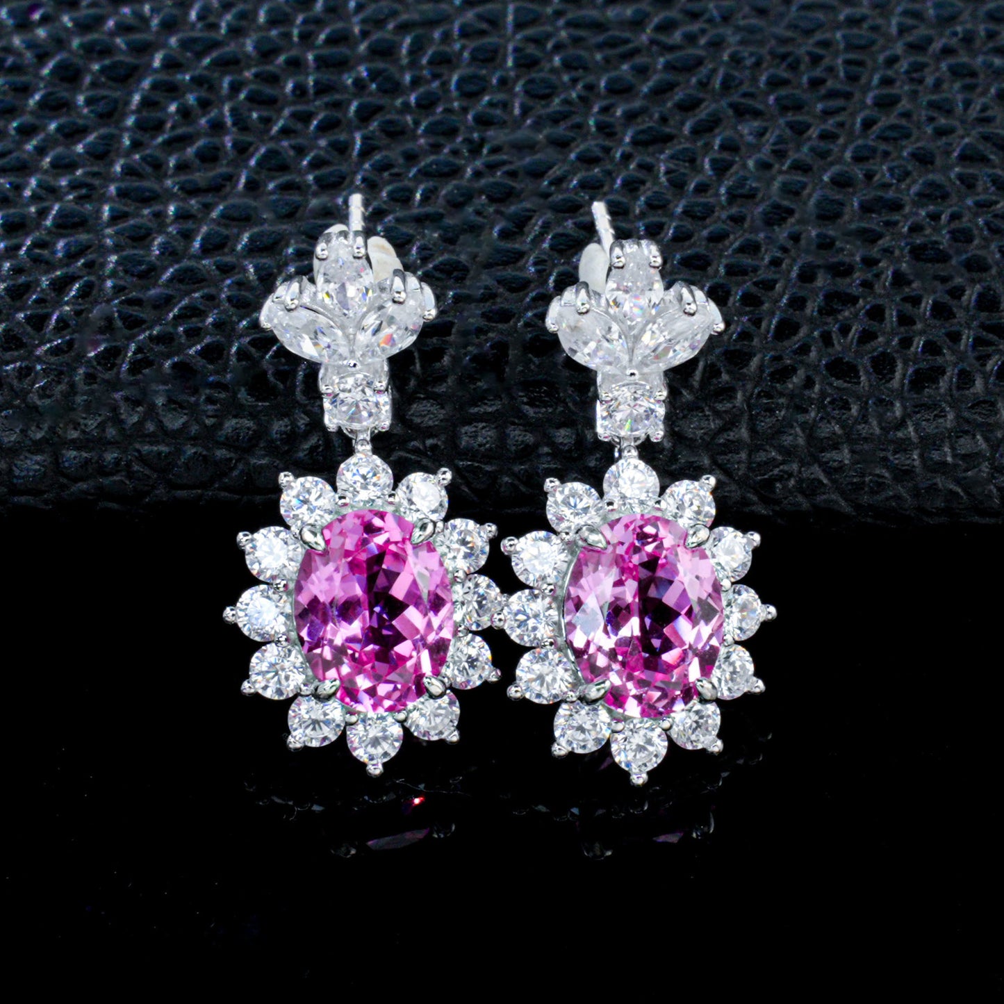 S925 Silver Lab Pink Sapphire Drop Earrings Oval Centre Sunflower Halo, Evening Wedding - Photo 2