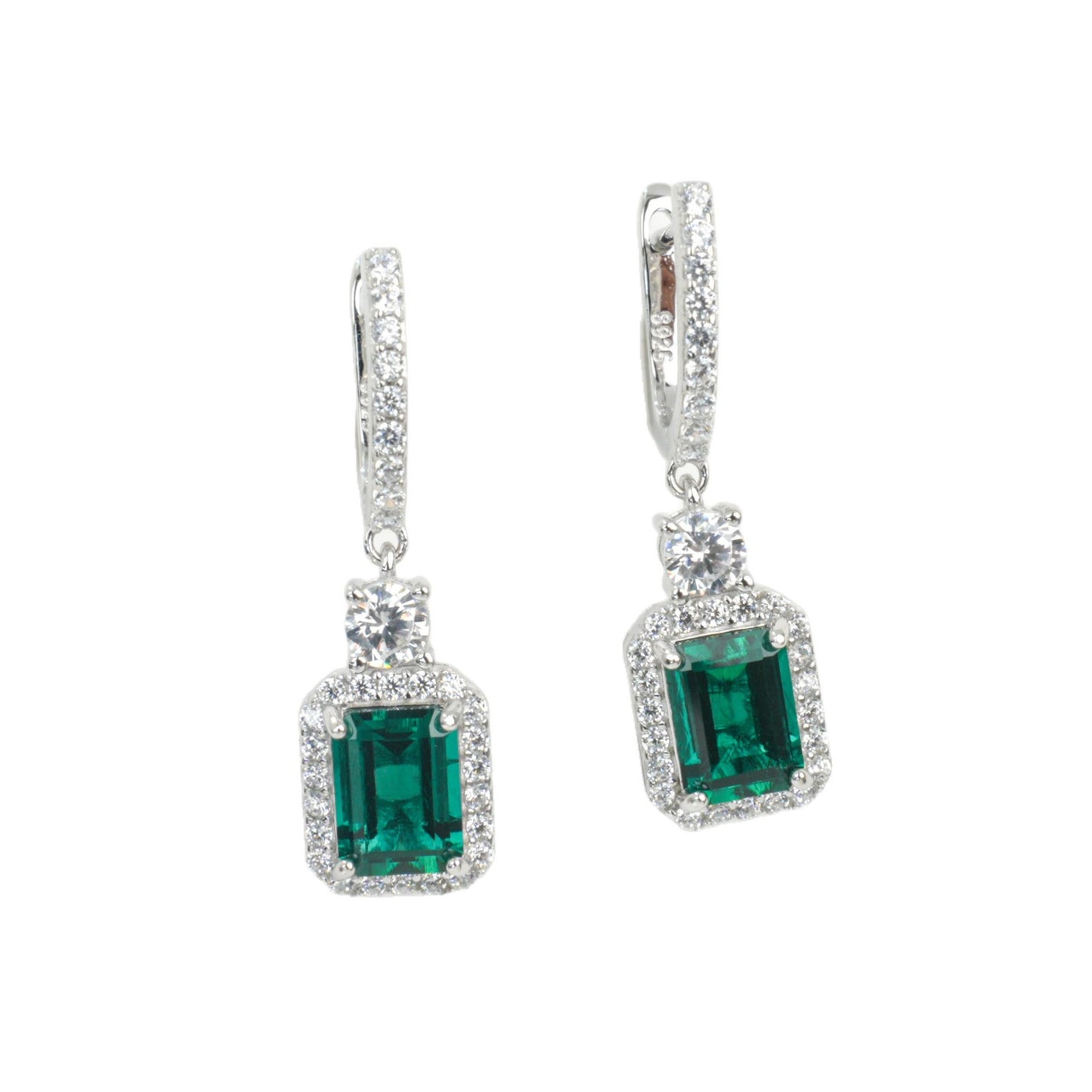 925 Sterling Silver Lab Emerald Square Earrings, French Vintage - Photo 5