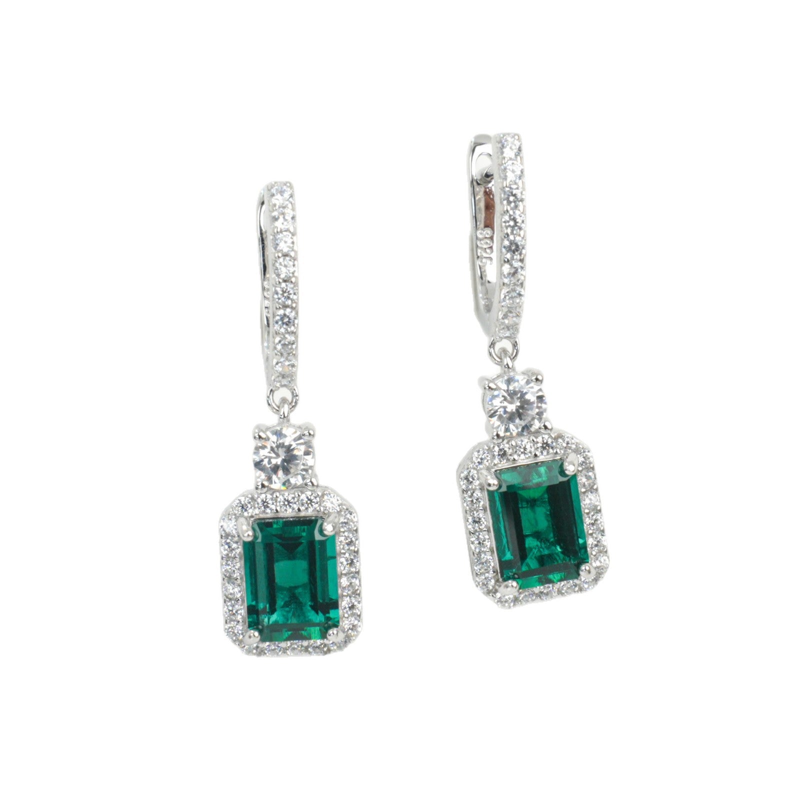 925 Sterling Silver Lab Emerald Square Earrings, French Vintage - Photo 5