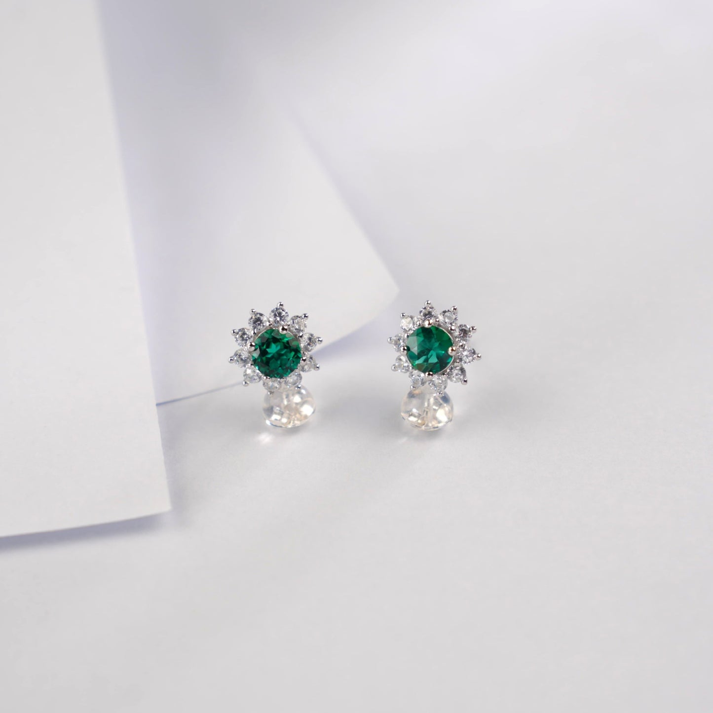 S925 Sterling Silver Lab Emerald Earrings, Simple - Photo 5