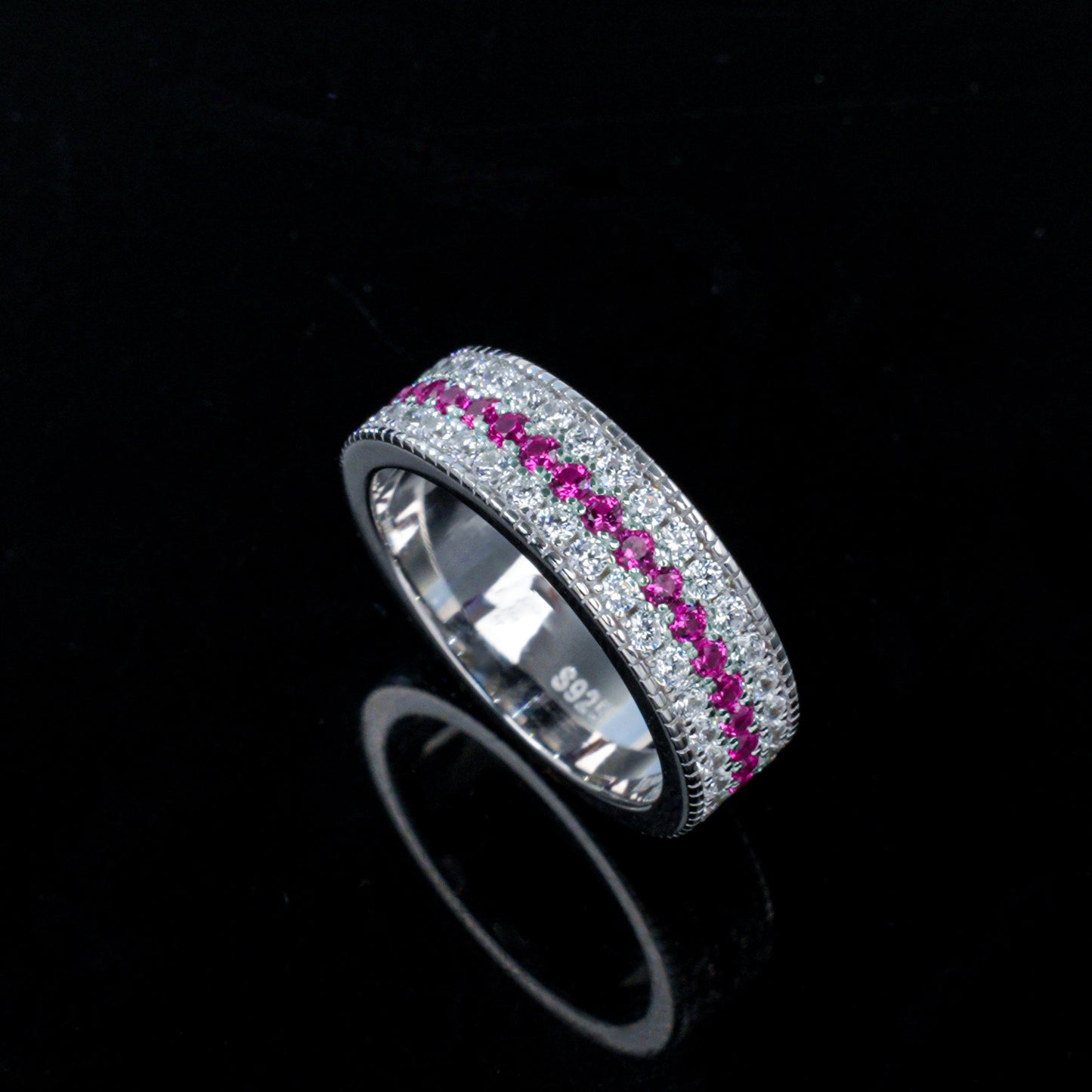 Lab Ruby Eternity Band S925 Silver Wide Full Double-Side Dense-Set, Couple - Photo 2
