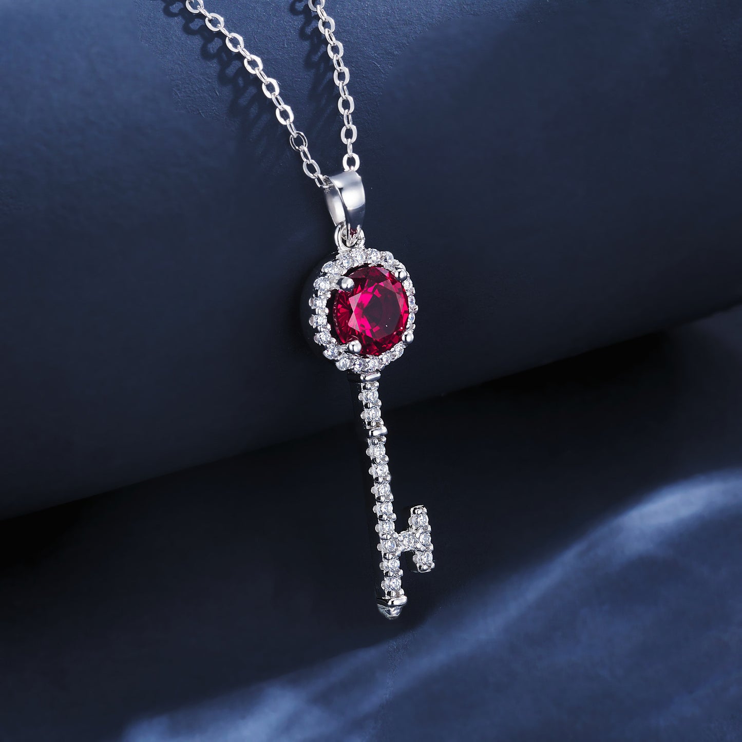 925 Sterling Silver Lab Ruby Key Pendant Choker Necklace, Versatile - Photo 3