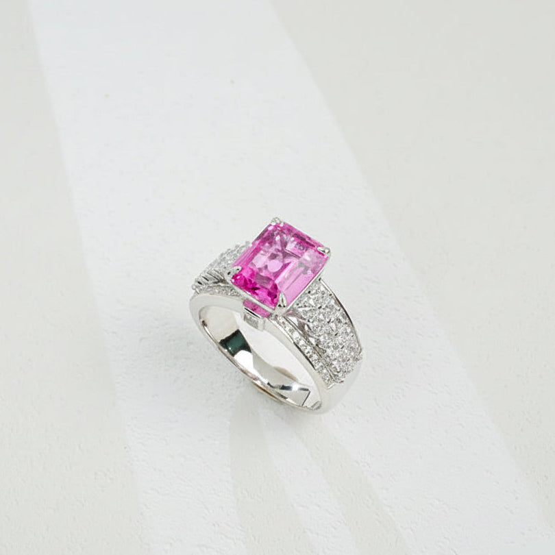 925 Sterling Silver Lab Padparadscha Double-Pave-Arm Ring, Premium Versatile - Photo 1