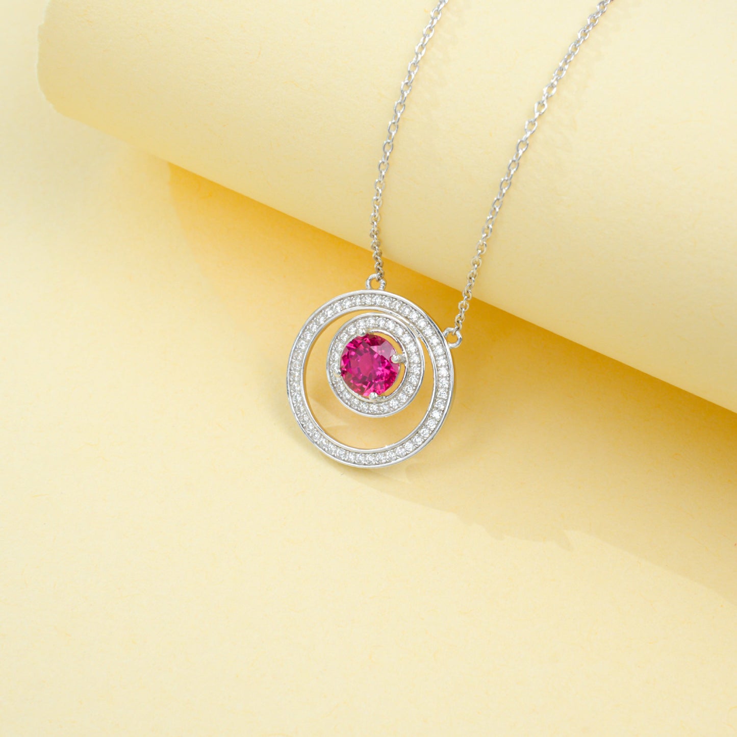 S925 Sterling Silver Lab Ruby Double-Ring Halo Pendant Necklace, Premium Jewellery - Photo 2