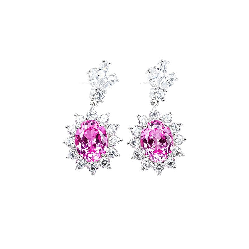S925 Silver Lab Pink Sapphire Drop Earrings Oval Centre Sunflower Halo, Evening Wedding - Photo 5