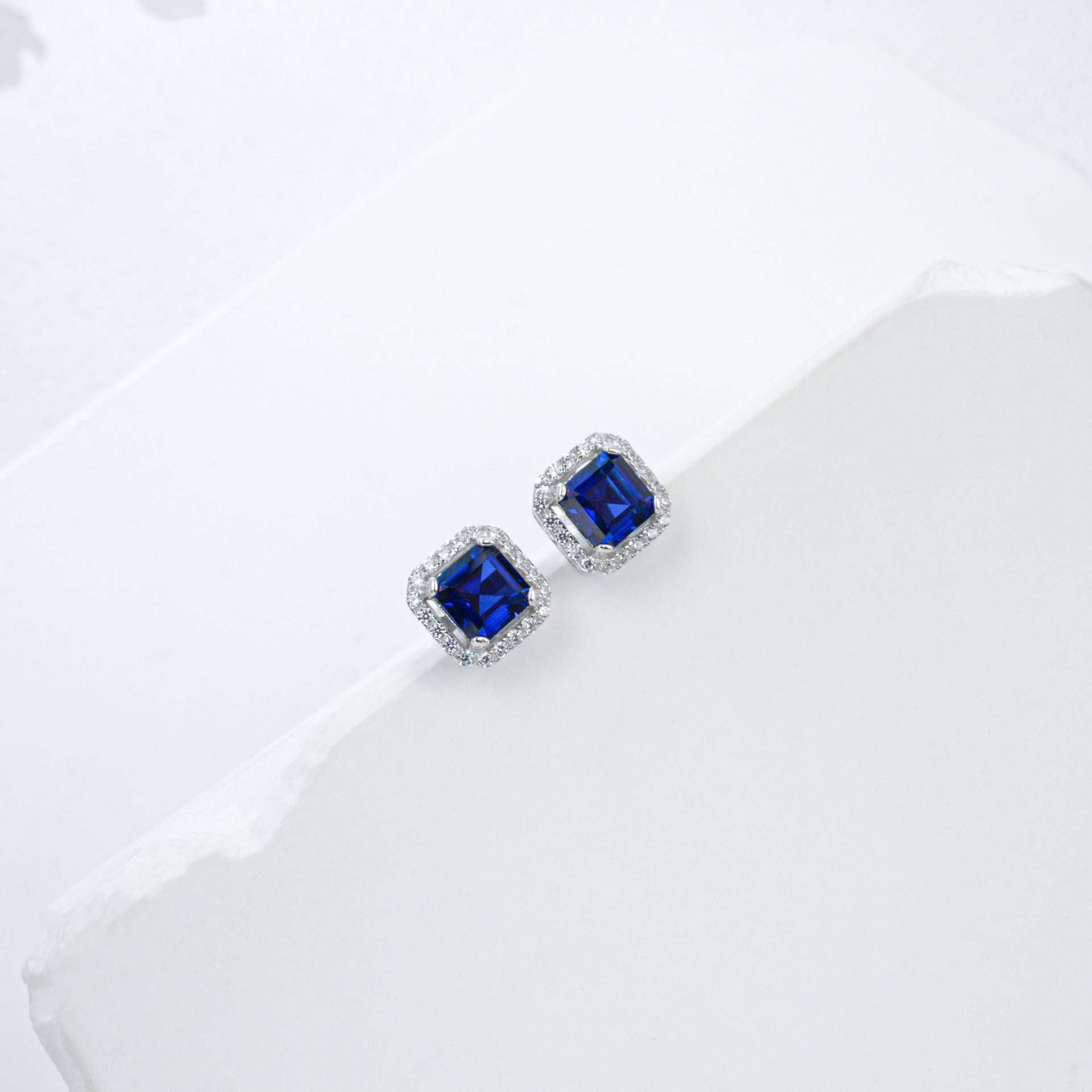 Sapphire Stud Earrings S925 Silver Full-Halo, Evening - Photo 4