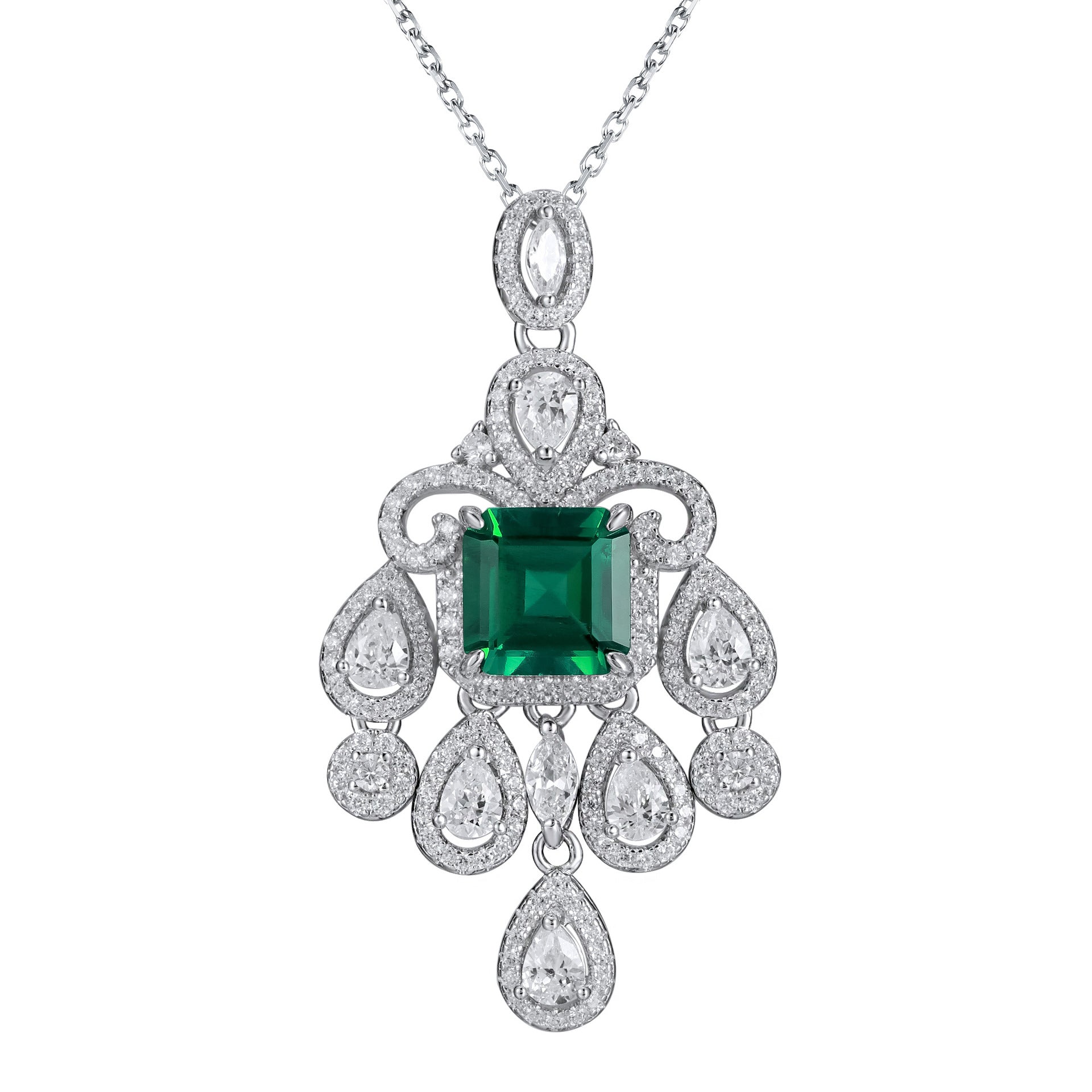 Lab Emerald S925 Necklace, Full Diamond Teardrop - Photo 5