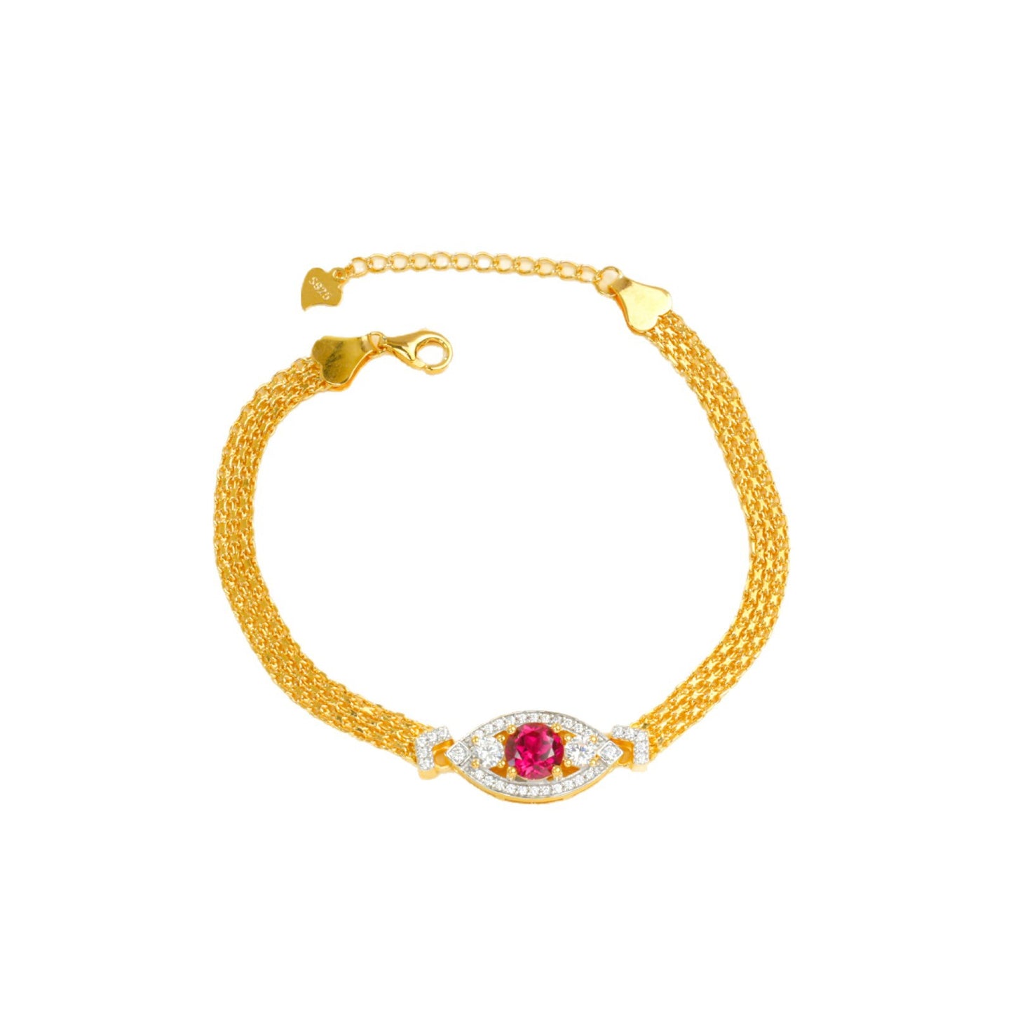 925 Sterling Silver Yellow-Gold Lab Ruby Woven Chain Bracelet, Vintage Versatile - Photo 5