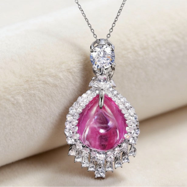 S925 Sterling Silver Lab Pink Ruby Teardrop Pave Pendant Choker Necklace, Premium Elegant - Photo 3