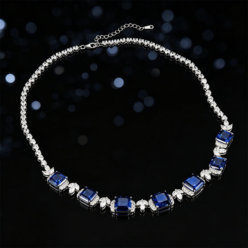 925 Sterling Silver Lab Sapphire Square Leaf Choker Necklace, Premium Wedding - Photo 4