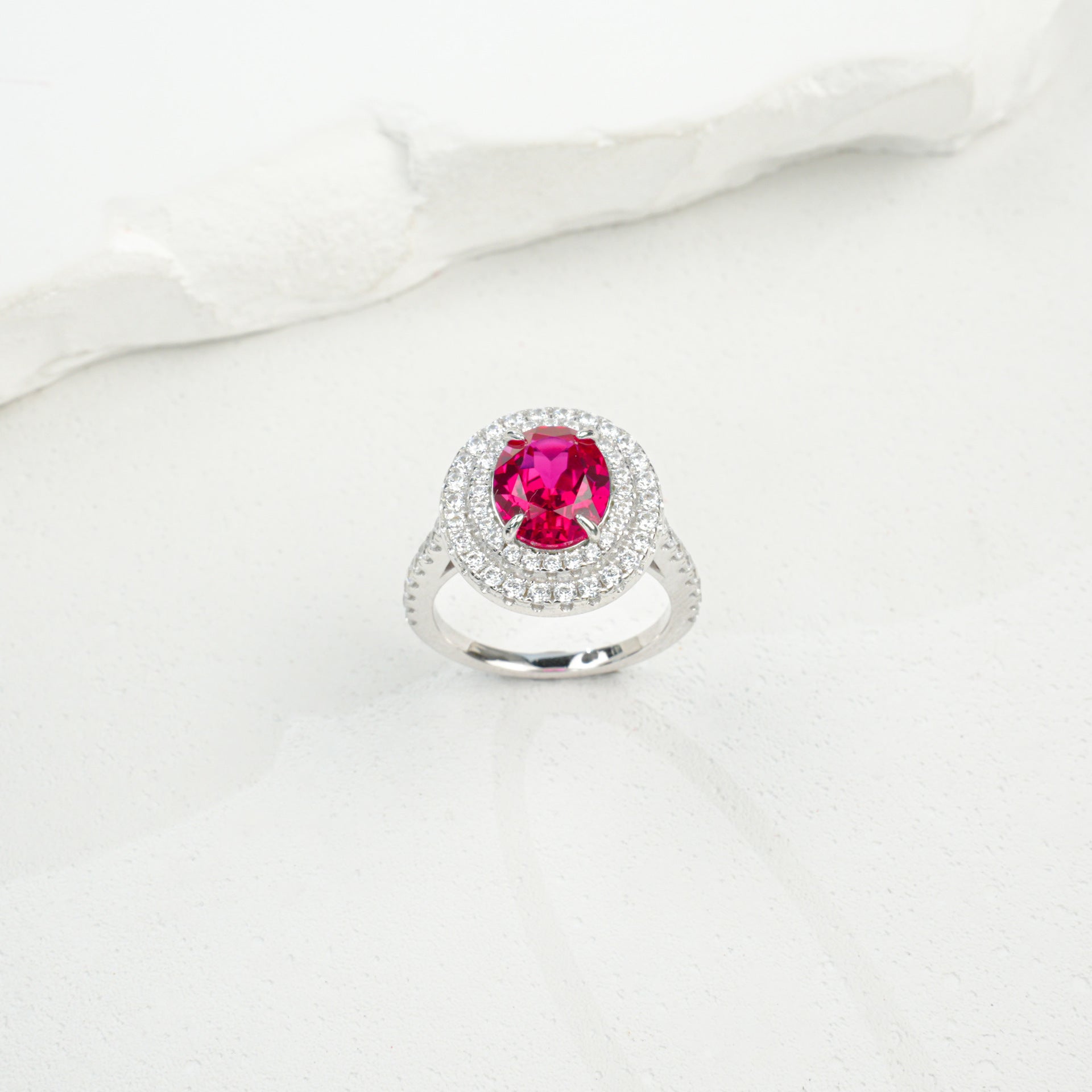 925 Sterling Silver White-Gold Lab Ruby Double-Halo Ring, Premium - Photo 6