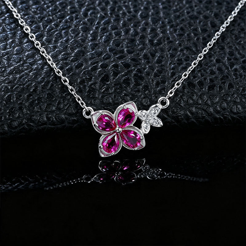 S925 Silver Ruby Four-Petal Flower Butterfly Pendant, Small Butterfly Simple - Photo 3