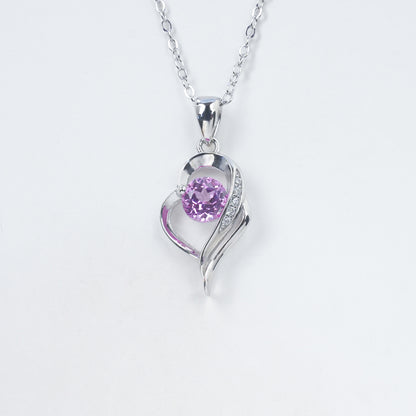 Heart Pink Gemstone Silver Necklace, Diamond Heart Pendant - Photo 6
