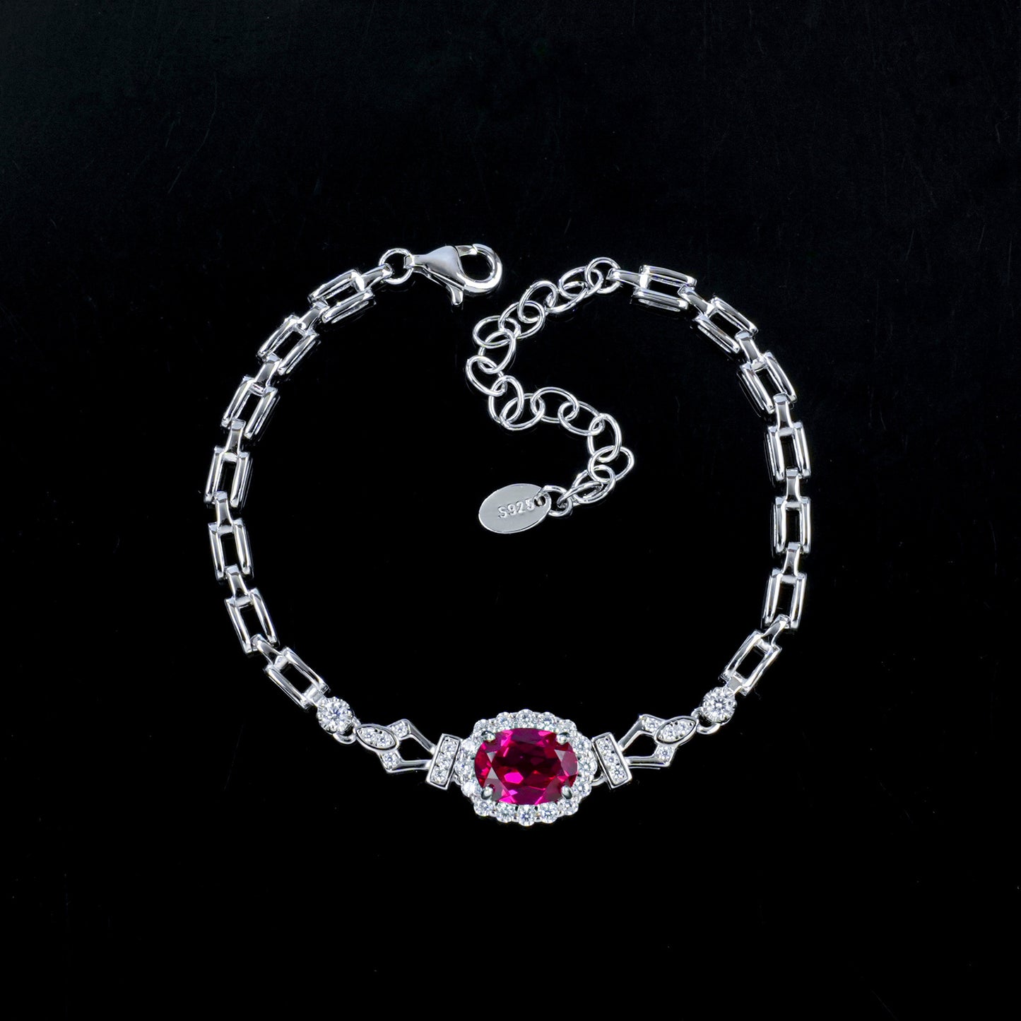 S925 Silver Oval Lab Ruby Bracelet, Full Diamond Halo - Photo 6