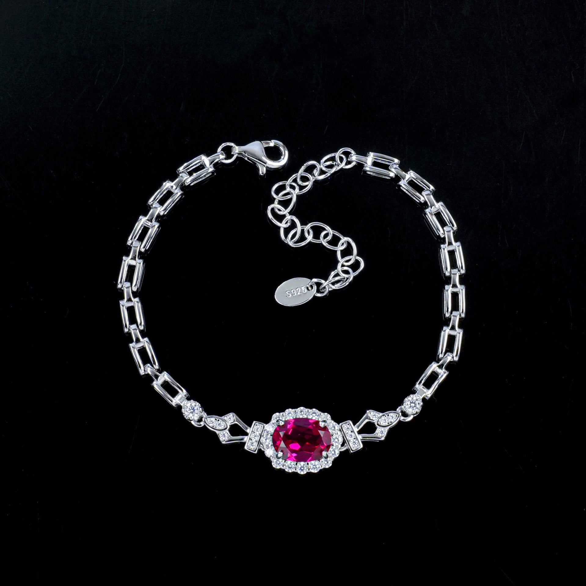 S925 Silver Oval Lab Ruby Bracelet, Full Diamond Halo - Photo 6
