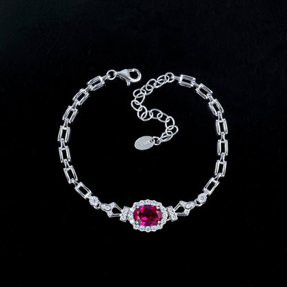 S925 Silver Oval Lab Ruby Bracelet, Full Diamond Halo - Photo 6