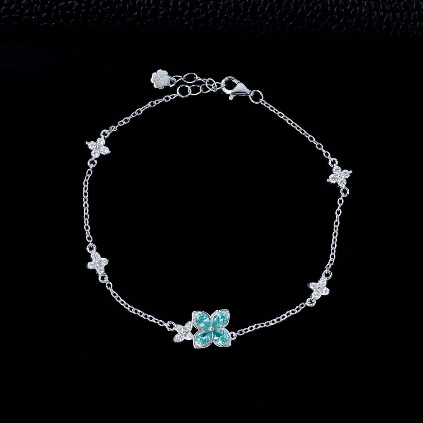 S925 Silver Four-Leaf Clover Paraiba Tsavorite Bracelet, Full Diamond Flower - Photo 6