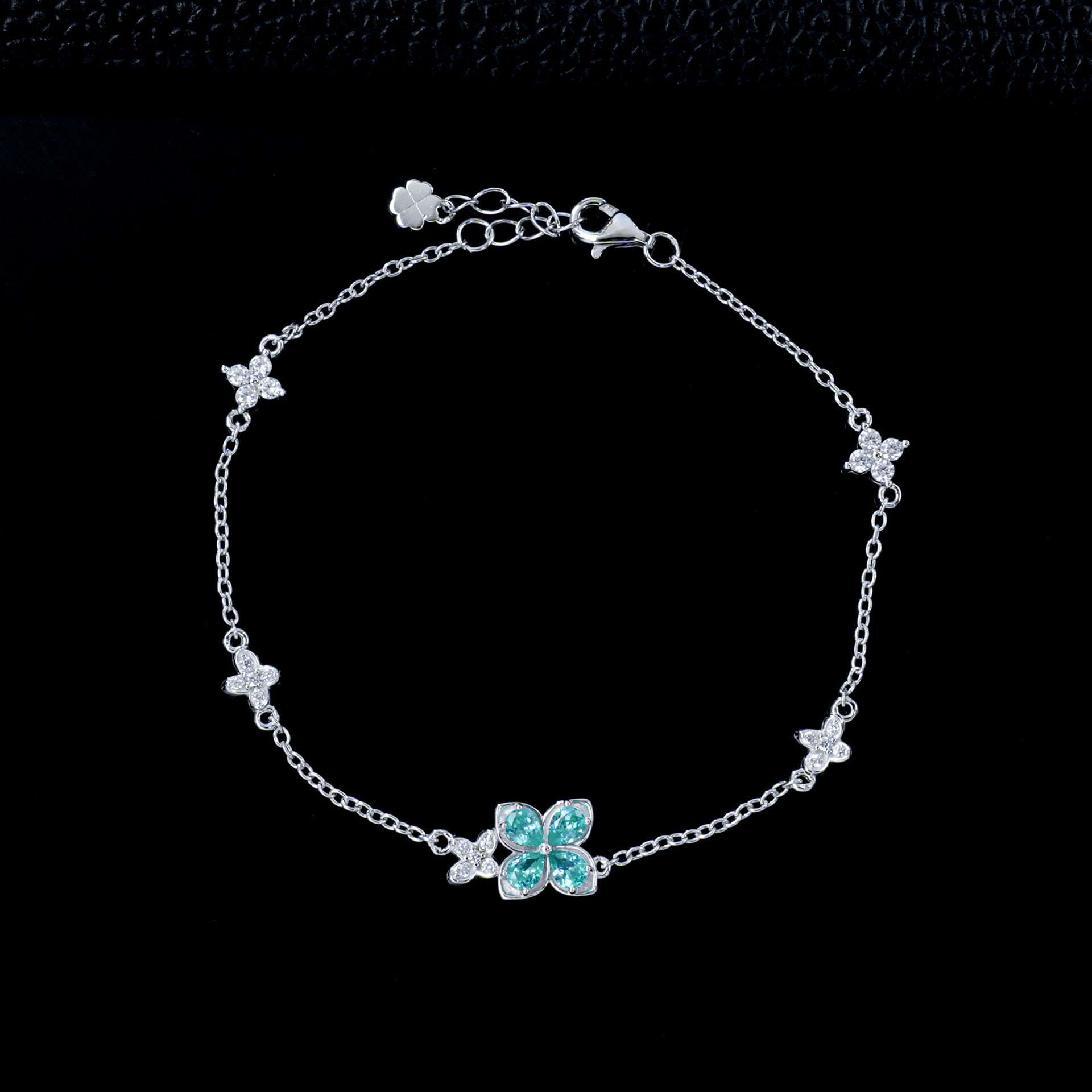 S925 Silver Four-Leaf Clover Paraiba Tsavorite Bracelet, Full Diamond Flower - Photo 6