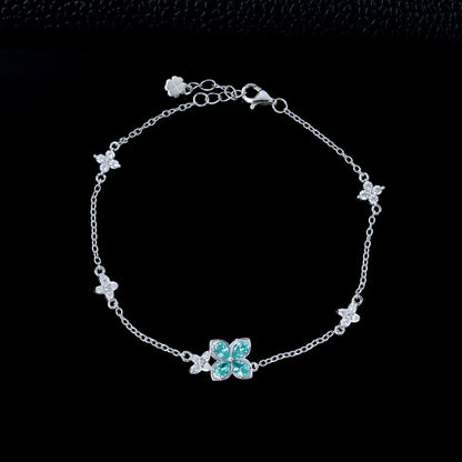 S925 Silver Four-Leaf Clover Paraiba Tsavorite Bracelet, Full Diamond Flower - Photo 6