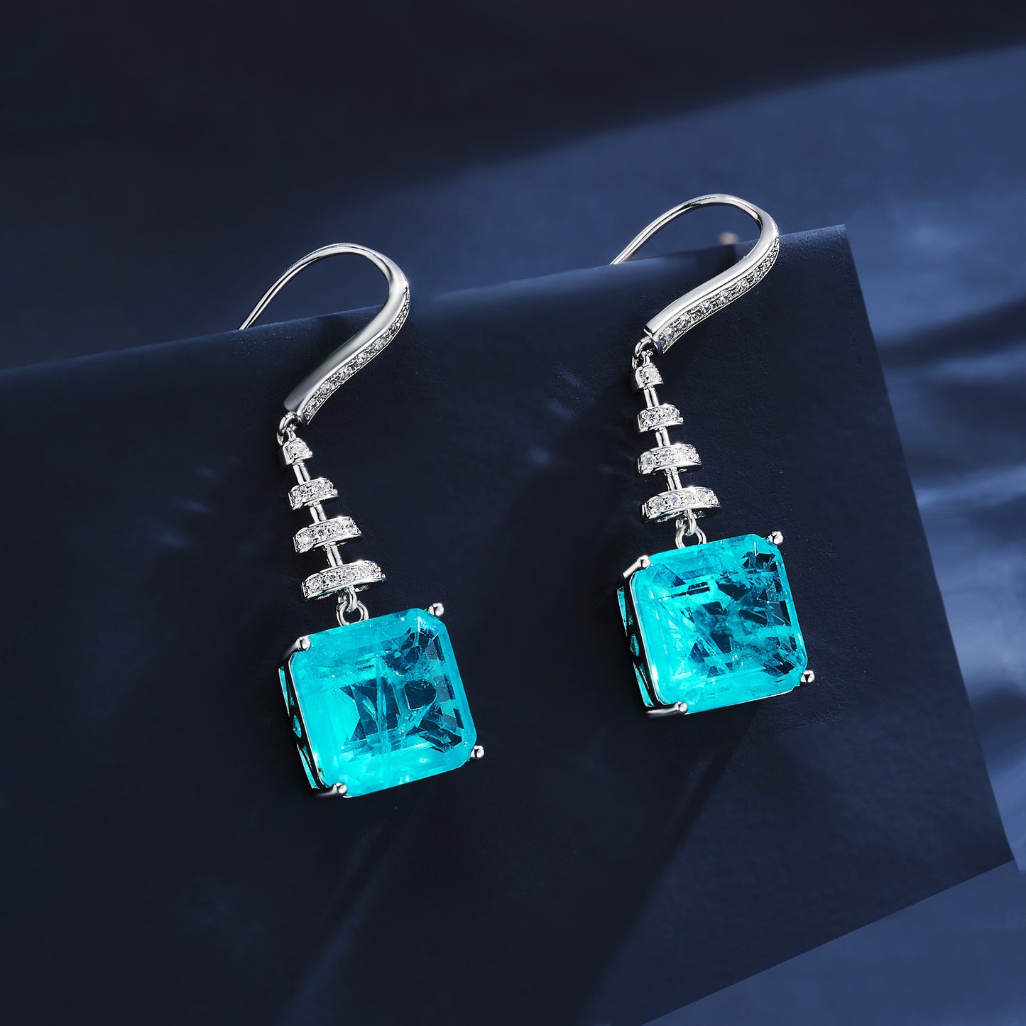 925 Silver Earrings Paraiba Square Rhinestone, Simple Premium - Photo 3