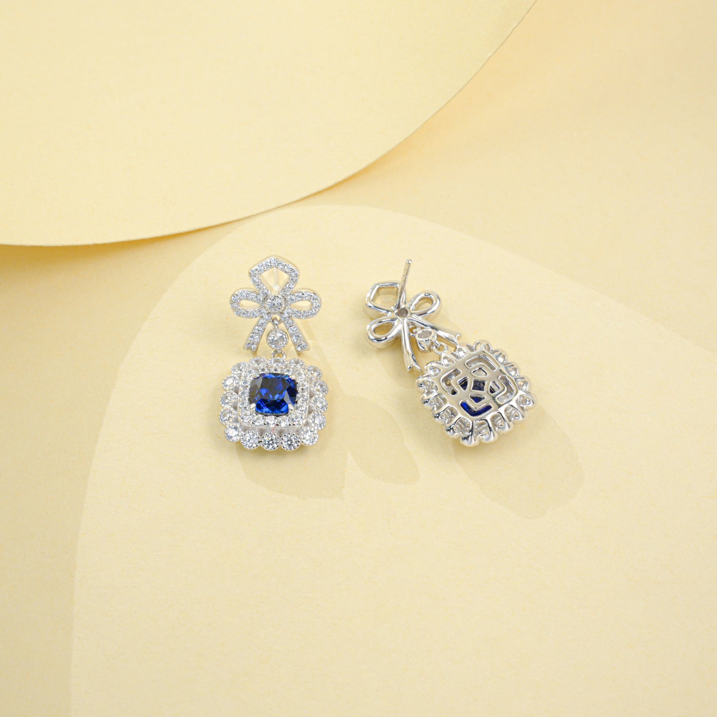 S925 Silver Full Diamond Bow Drop Earrings, Square Halo Lab - Photo 4