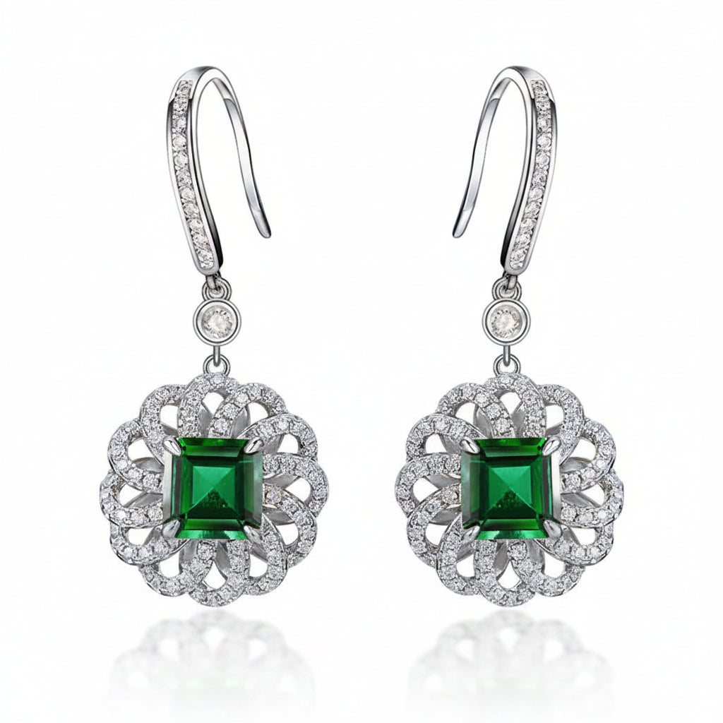 S925 Sterling Silver Lab Emerald Square Sunflower Halo Long Earrings, for Women - Photo 1
