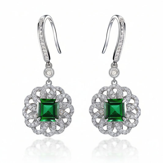 S925 Sterling Silver Lab Emerald Square Sunflower Halo Long Earrings, for Women - Photo 1