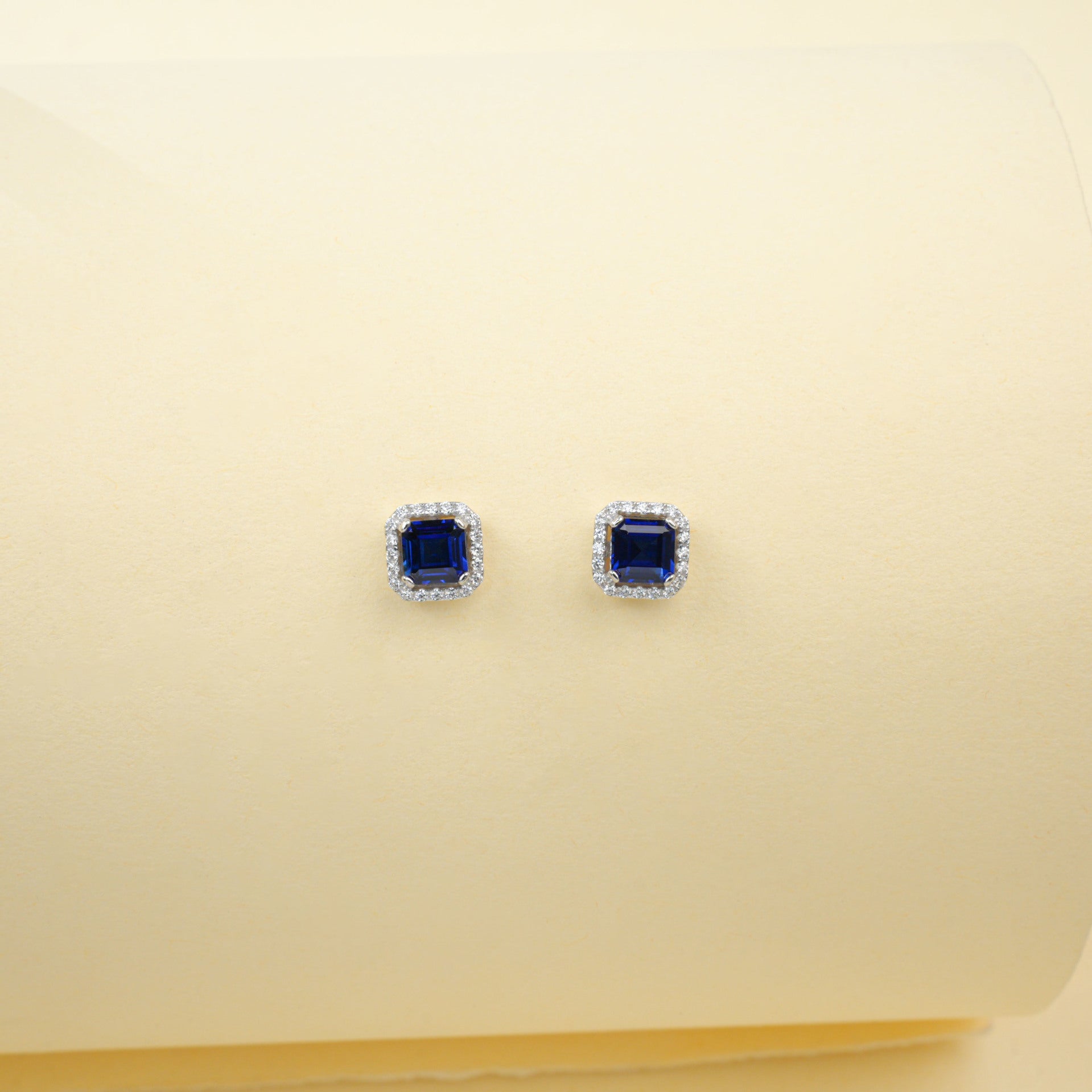 S925 Silver Square Lab Sapphire Halo Stud Earrings, Elegant Versatile Earrings - Photo 4
