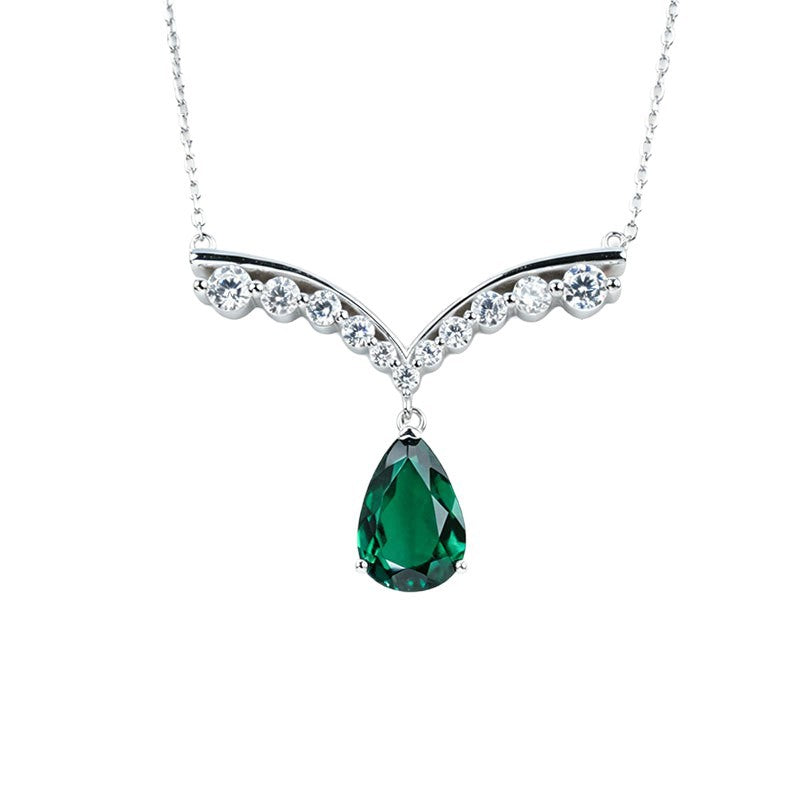 S925 Silver V-Shape Lab Emerald Teardrop Pendant Necklace, Necklace Birthday Anniversary - Photo 5