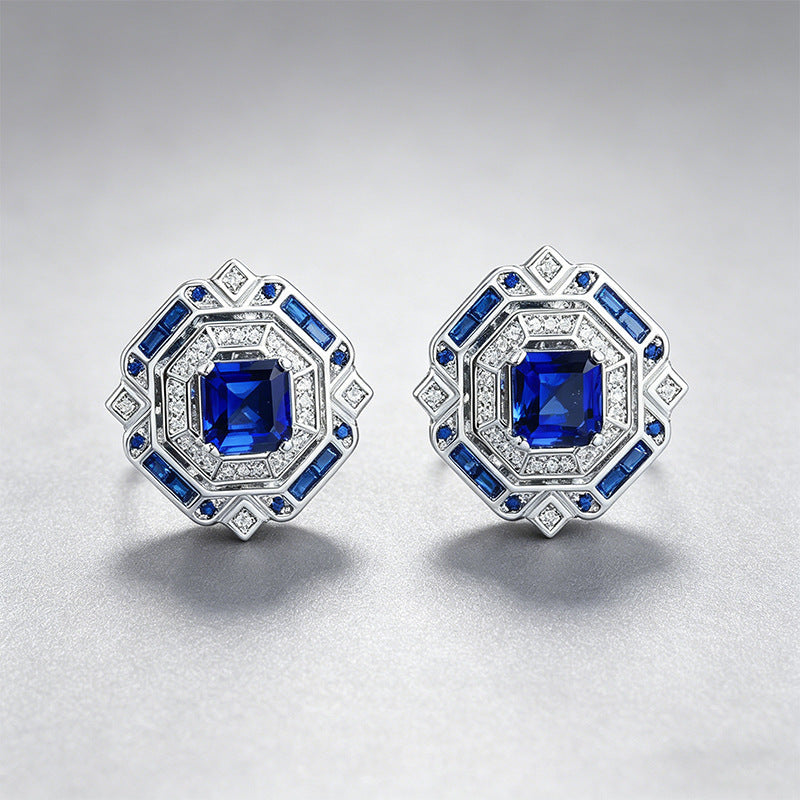 925 Sterling Silver Lab Sapphire Octagon Halo Earrings, Vintage Versatile - Photo 4