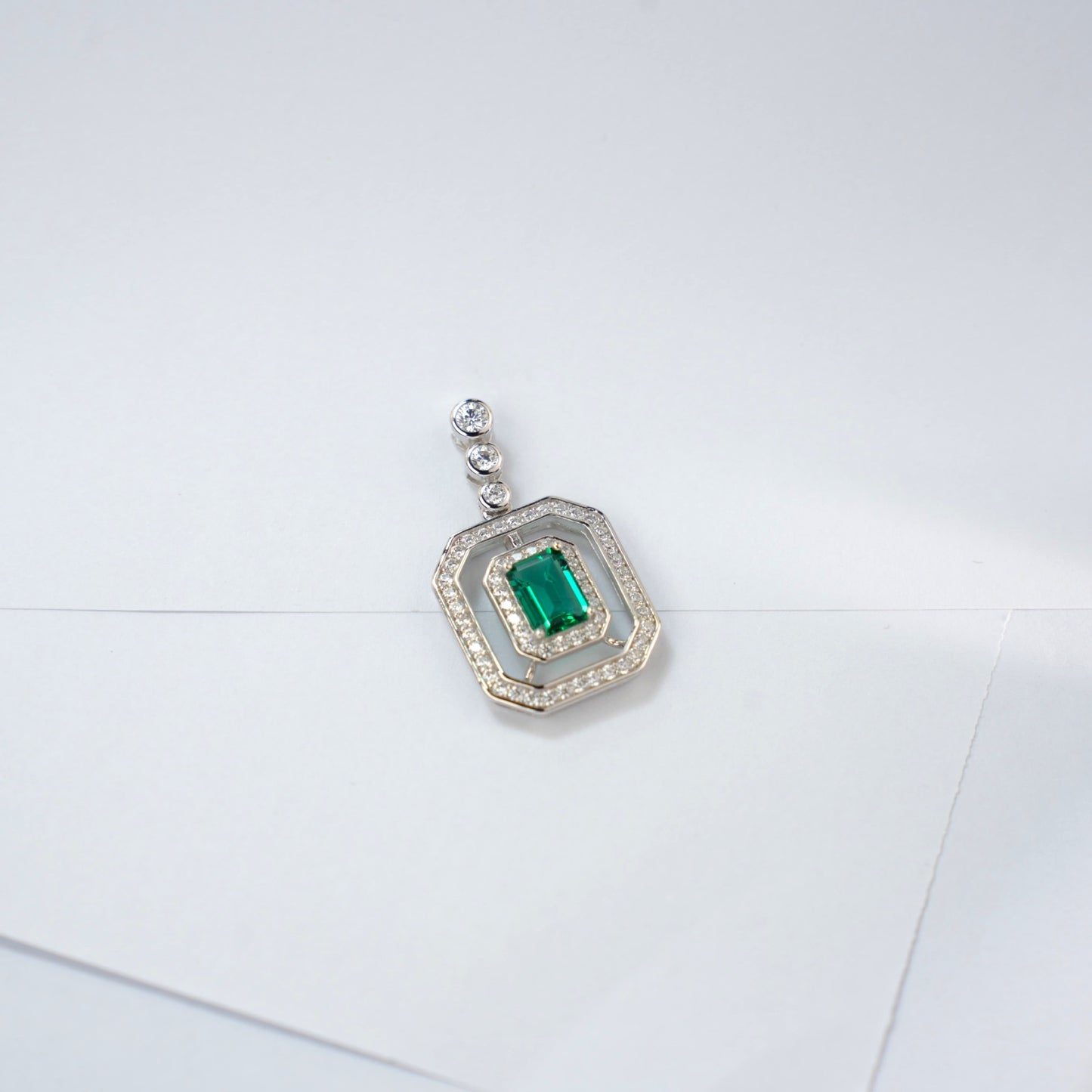 S925 Silver Lab Emerald Necklace Square Premium - Photo 3