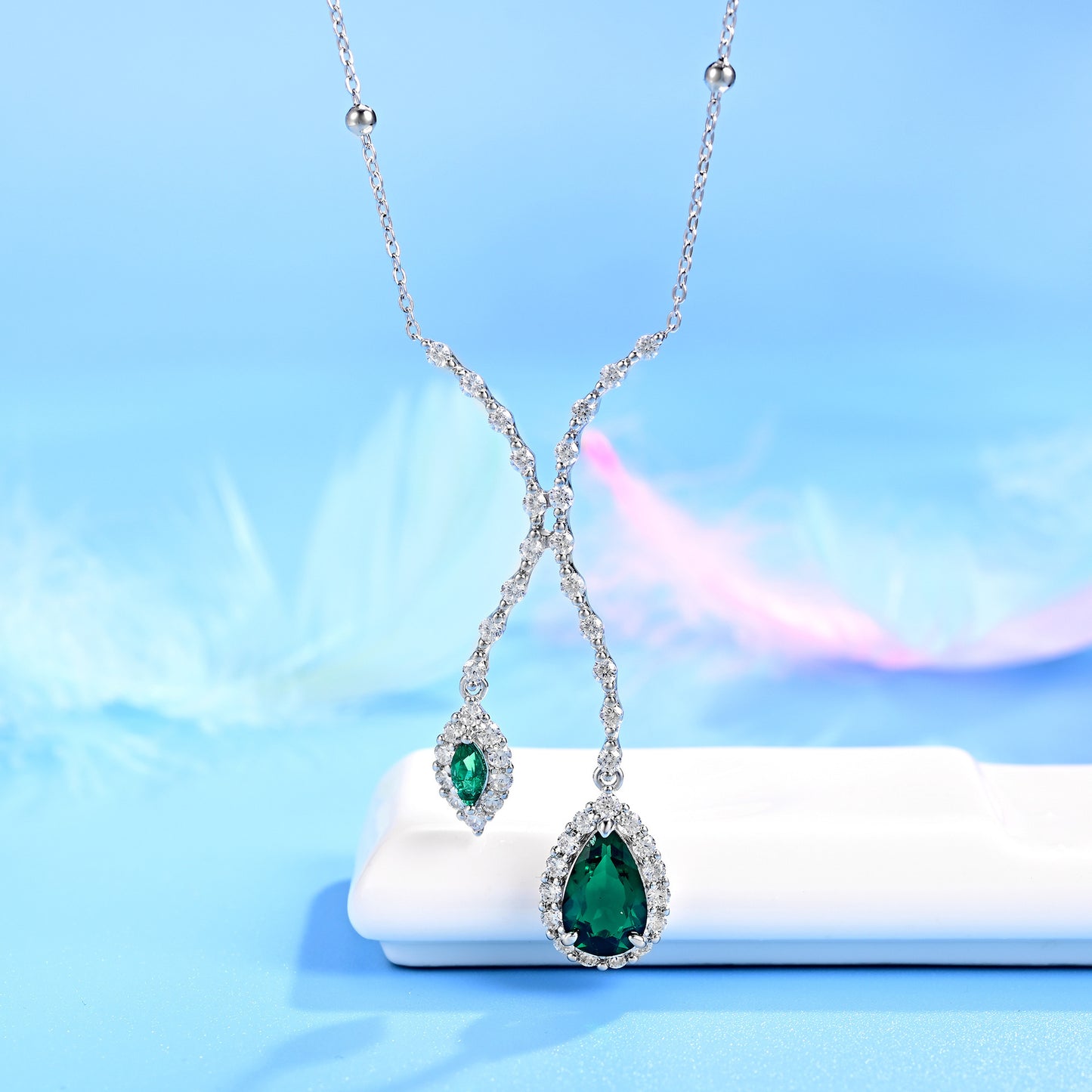 S925 Sterling Silver Emerald Double Teardrop Full Diamond Necklace, Premium Choker Versatile - Photo 1