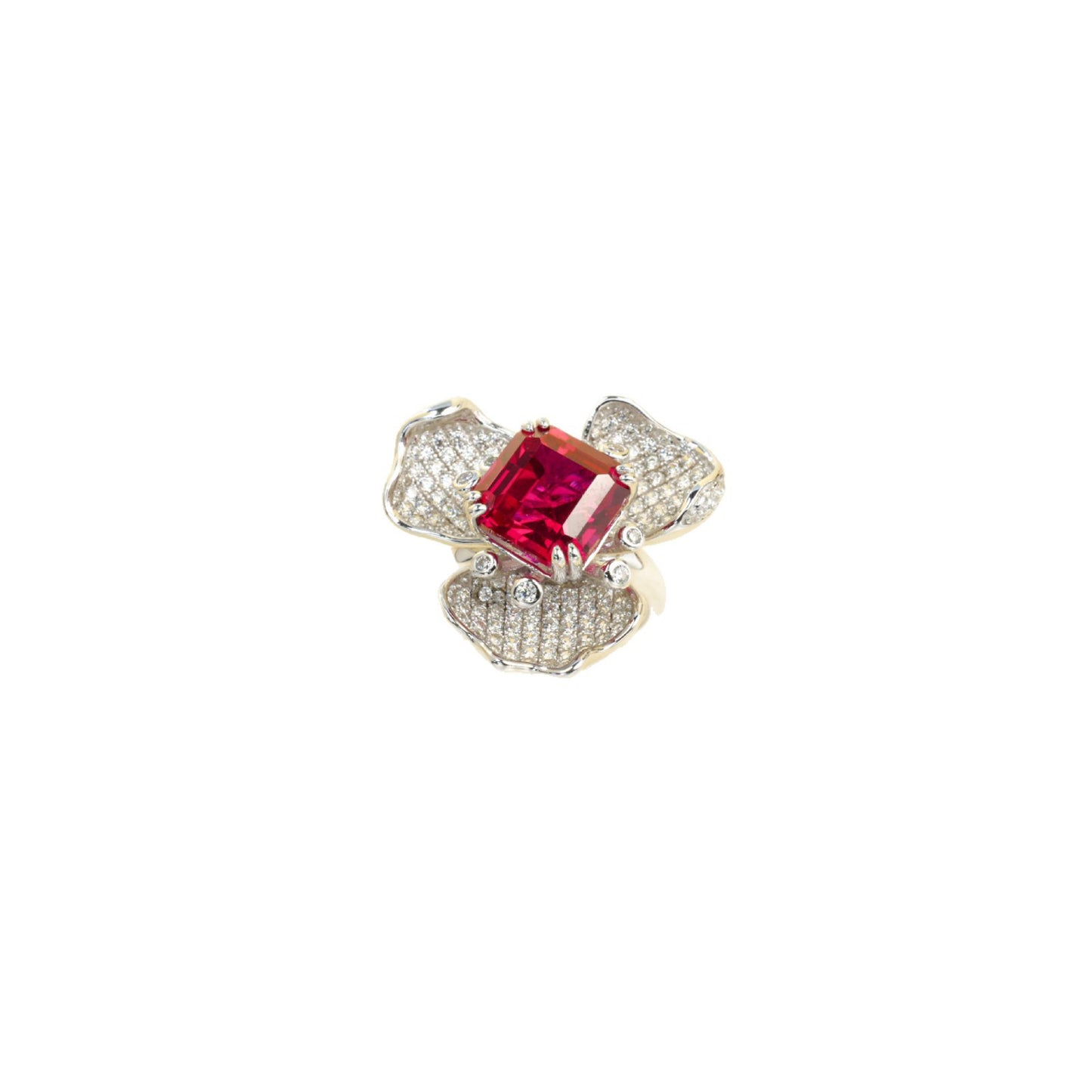 925 Sterling Silver Lab Ruby Square Three-Petal Ring, Premium Designer - Photo 5