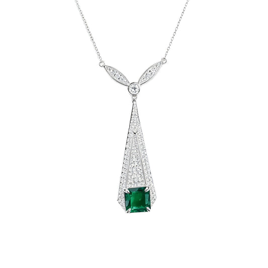 Vintage Lab Emerald Necklace S925 Silver Full Diamond Evening Premium - Photo 5