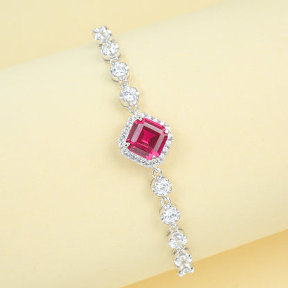 S925 Sterling Silver Lab Ruby Pave Halo Bracelet - Photo 2