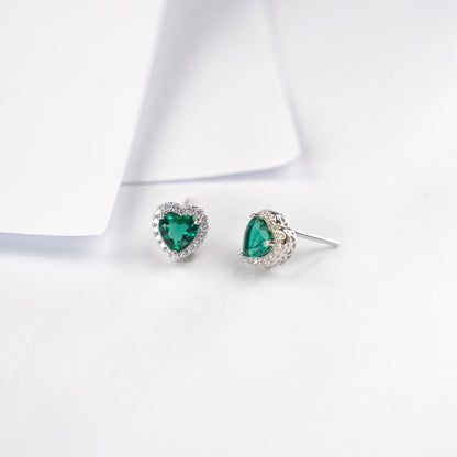 S925 Sterling Silver Lab Emerald Stud Earrings, Heart Diamond Vintage - Photo 3
