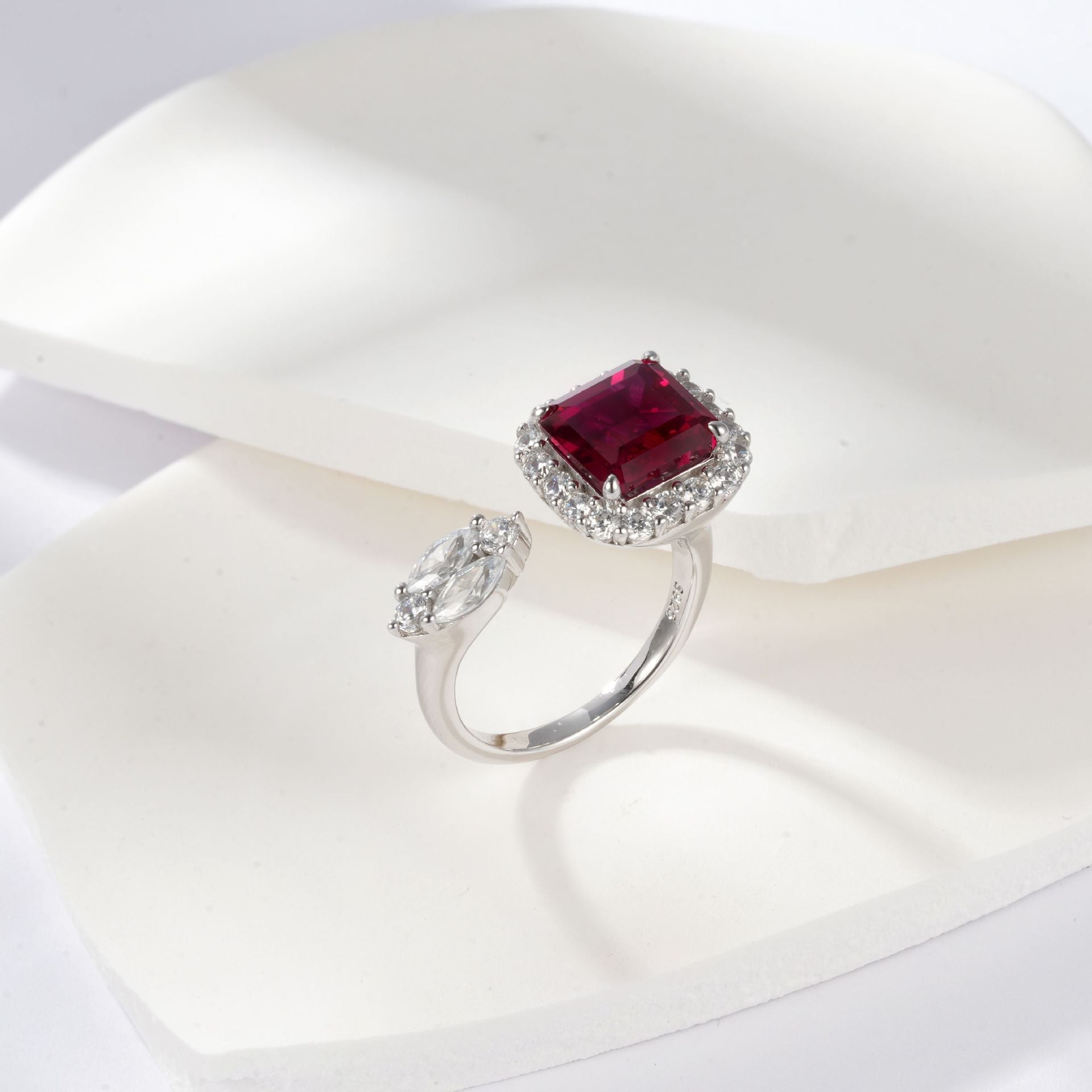 S925 Sterling Silver Lab Ruby Ring Square Halo Teardrop Diamond Two-Stone Design Premium - Photo 6