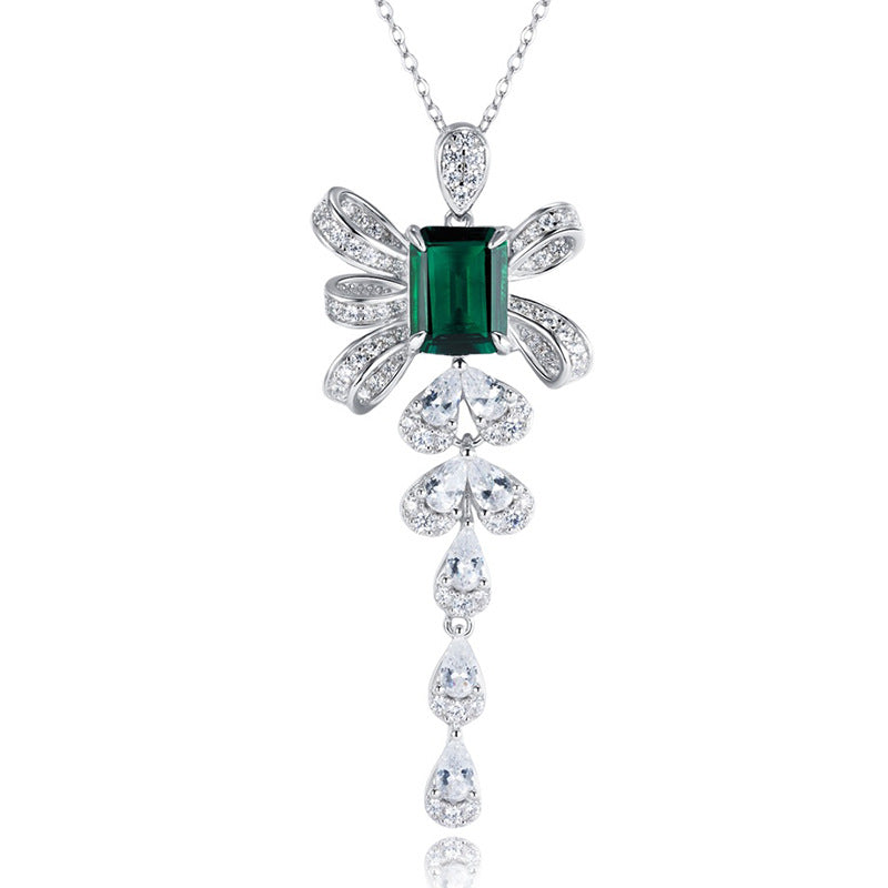 S925 Sterling Silver Lab Emerald Bowknot Tassel Teardrop Necklace, for Women - Photo 5