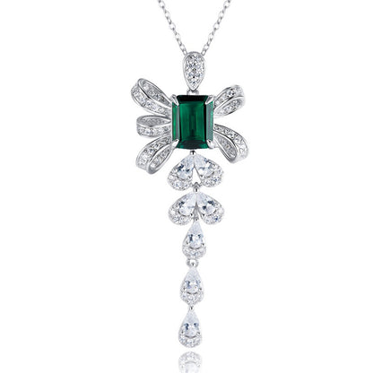 S925 Sterling Silver Lab Emerald Bowknot Tassel Teardrop Necklace, for Women - Photo 5