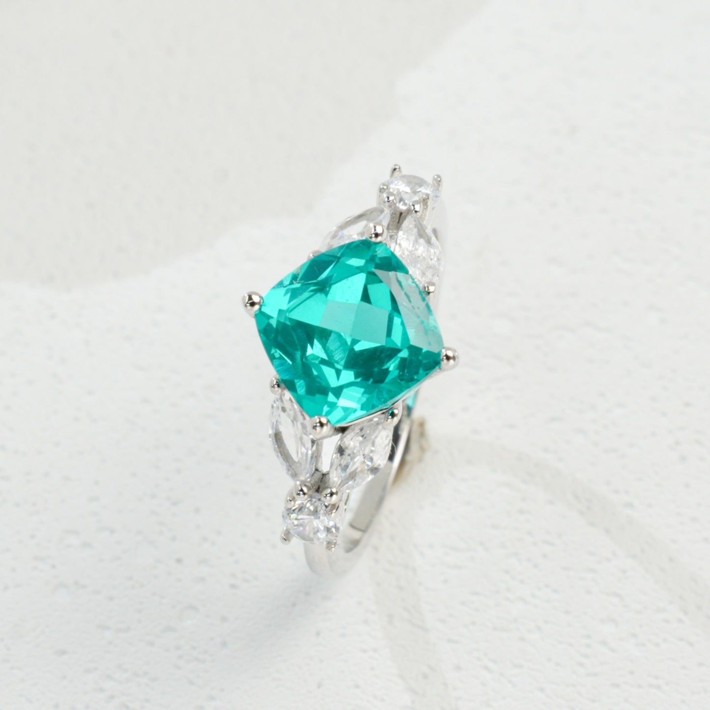 925 Sterling Silver White-Gold Paraiba Pave Open Ring, Elegant - Photo 6