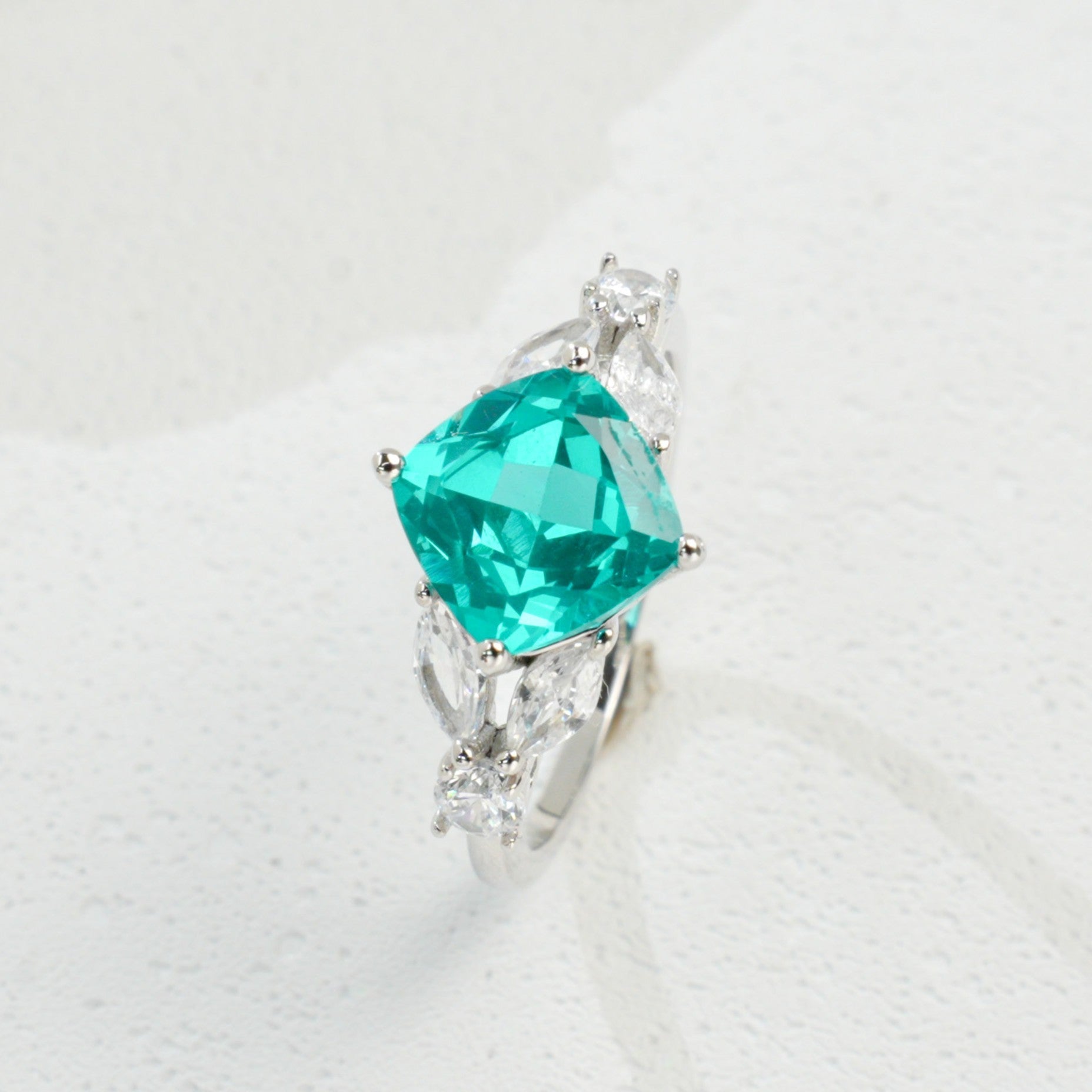 925 Sterling Silver White-Gold Paraiba Pave Open Ring, Elegant - Photo 6