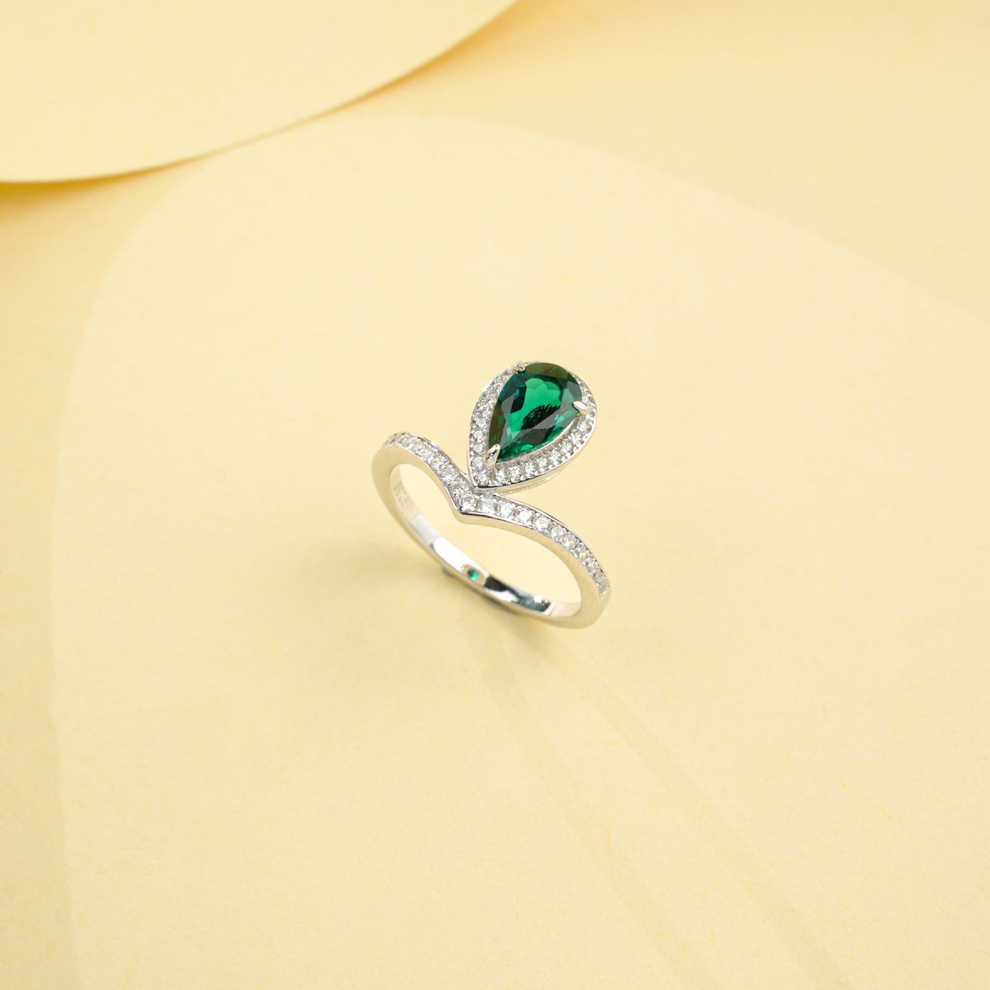 925 Sterling Silver Lab Emerald Teardrop Halo Ring, Designer V-Shape Pave - Photo 2