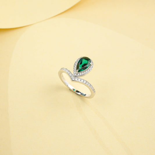 925 Sterling Silver Lab Emerald Teardrop Halo Ring, Designer V-Shape Pave - Photo 2