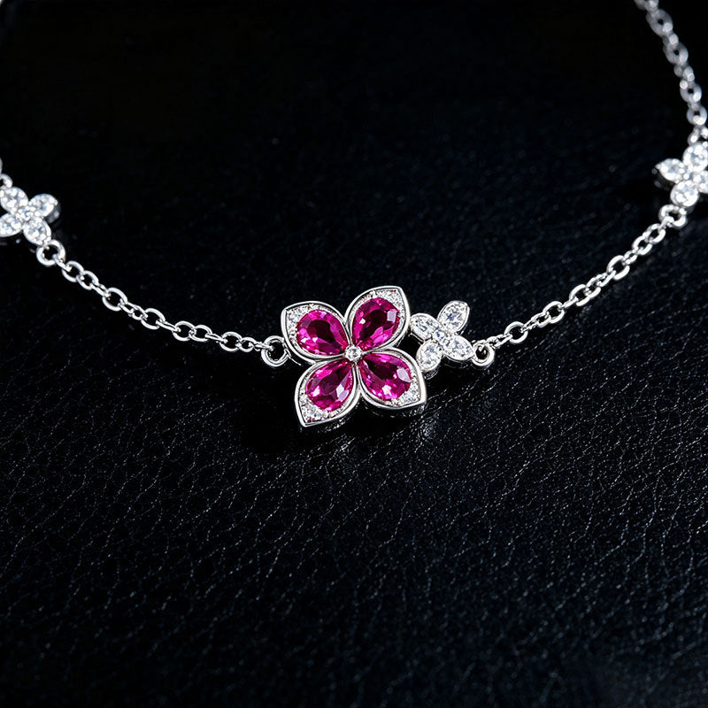 S925 Silver Four-Leaf Clover Lab Ruby Bracelet, Full Diamond Flower - Photo 4