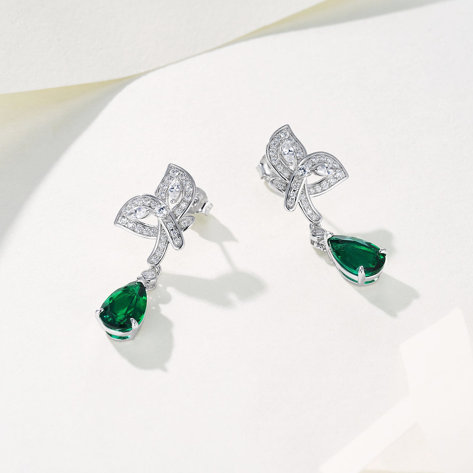 S925 Sterling Silver Lab Emerald Teardrop Earrings, Style Evening Long - Photo 3