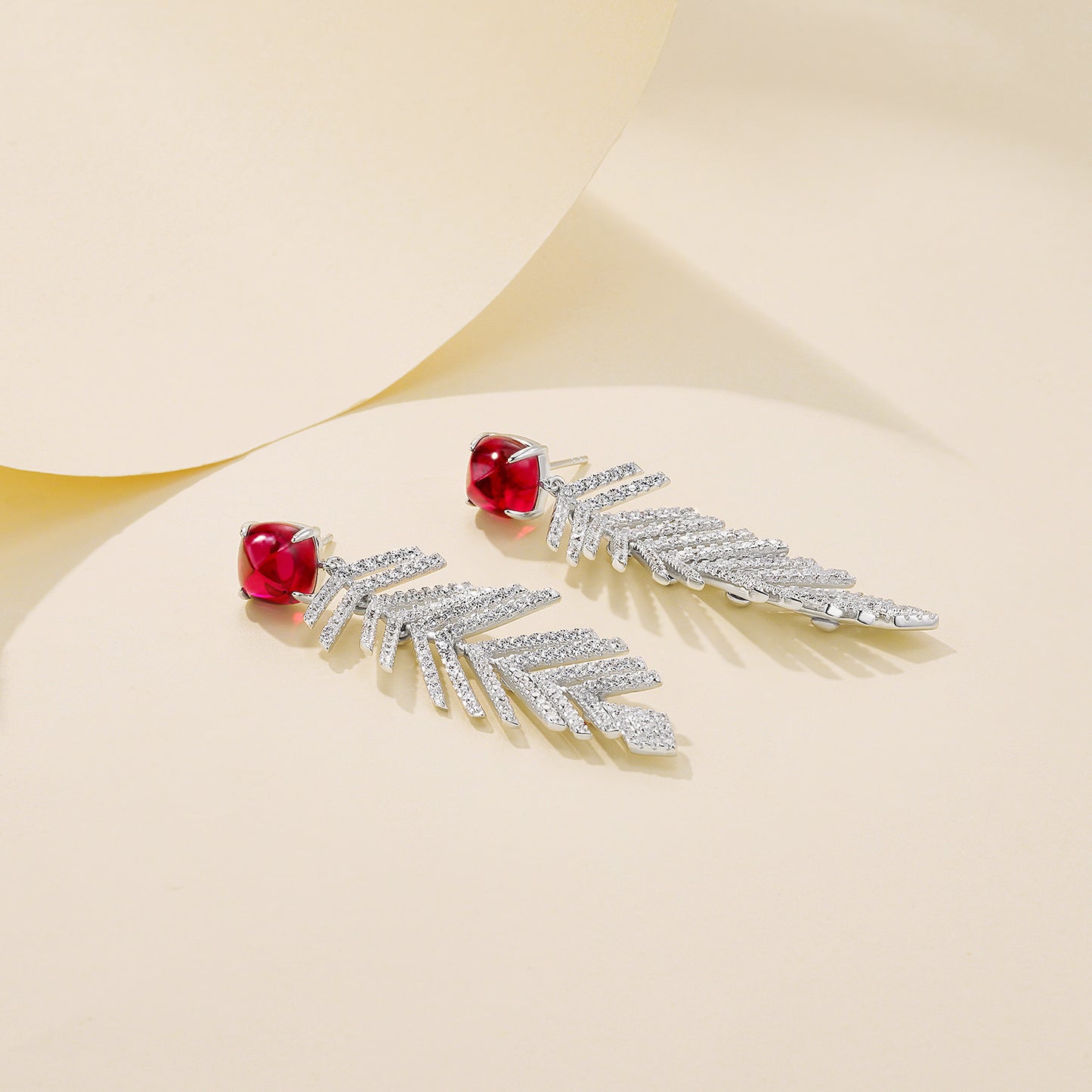 S925 Sterling Silver Sugarloaf-Cut coloured Gemstone Feather Earrings, Evening for Women - Photo 3