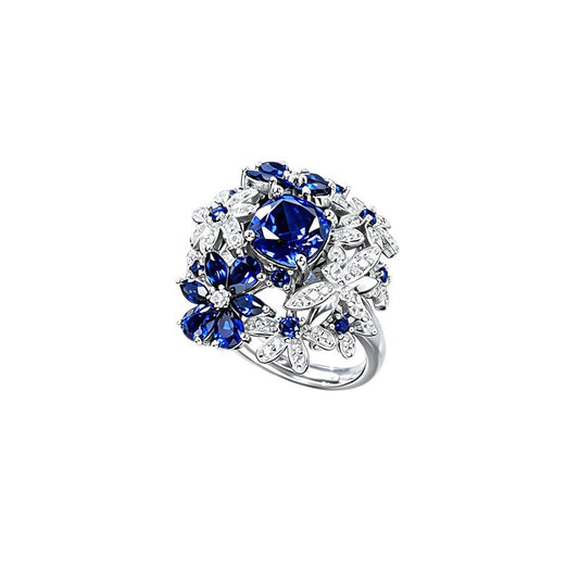 S925 Sterling Silver Lab Sapphire Ring 4-Claw Double-Side Full Diamond, Anniversary Versatile Elegant - Photo 5