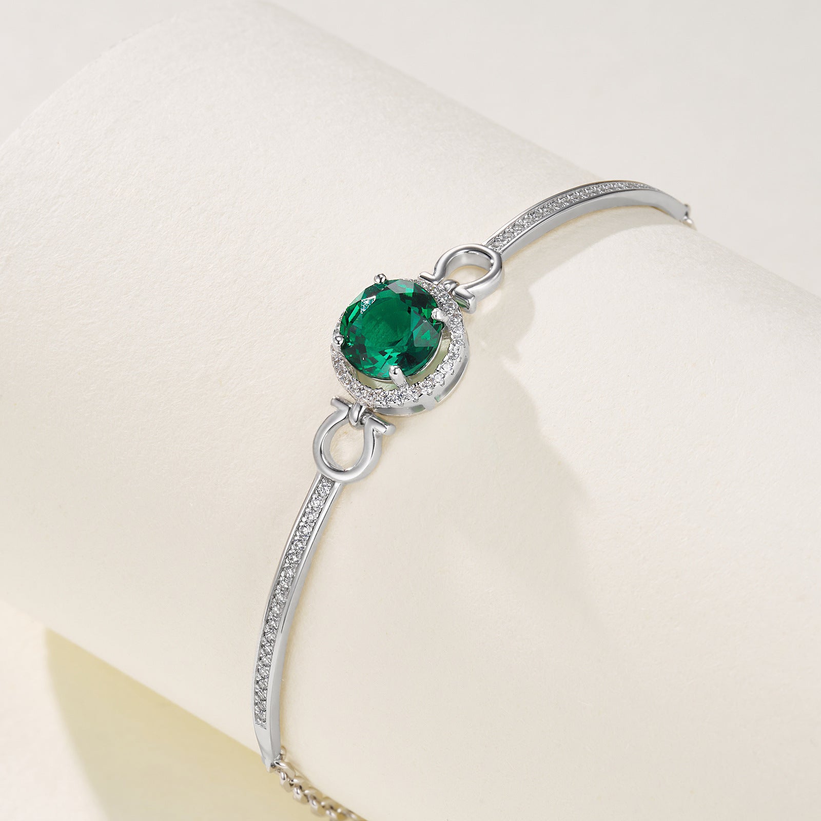 S925 Sterling Silver Round Halo Emerald Bracelet, Simple Versatile - Photo 2