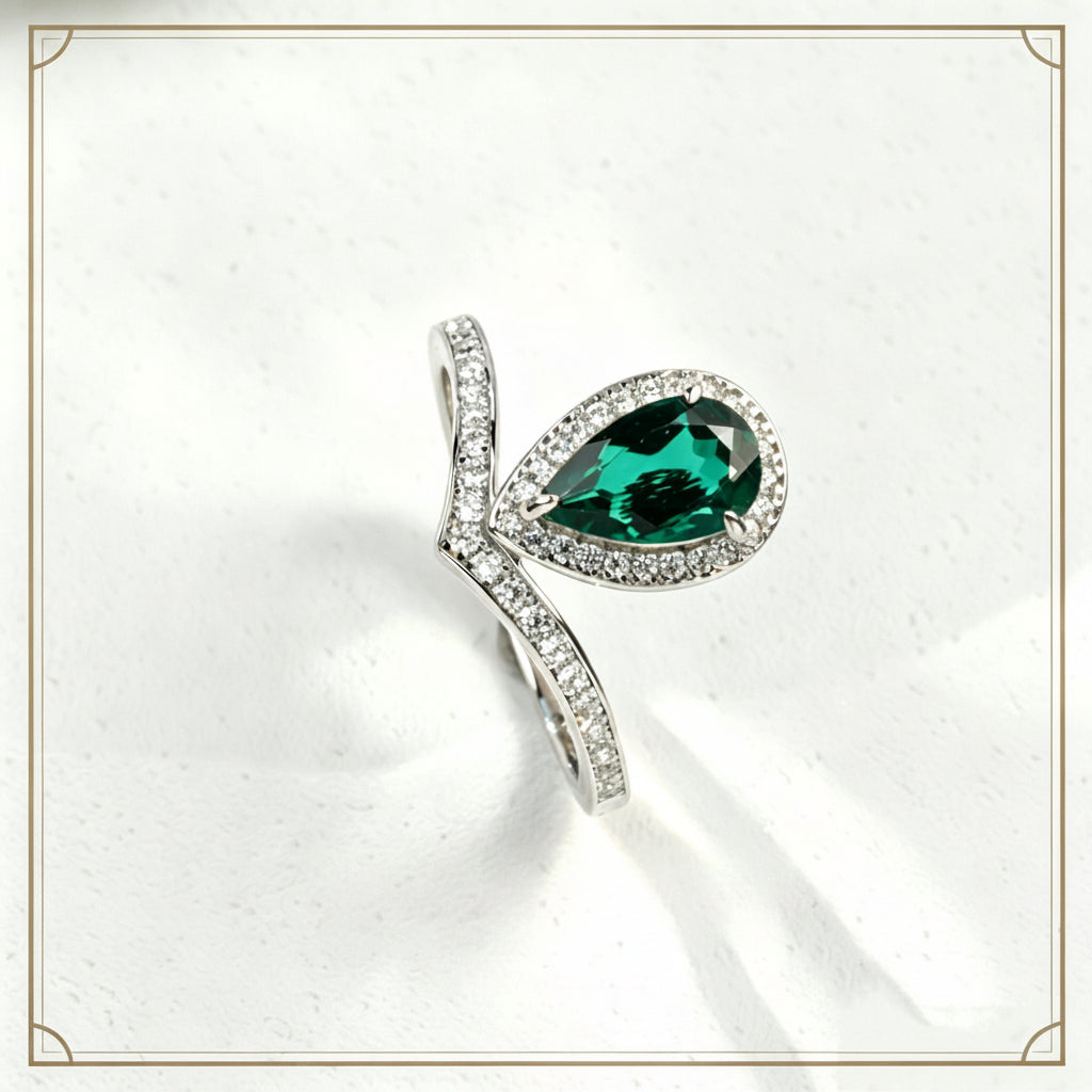 925 Sterling Silver Lab Emerald Teardrop Halo Ring, Designer V-Shape Pave - Photo 1