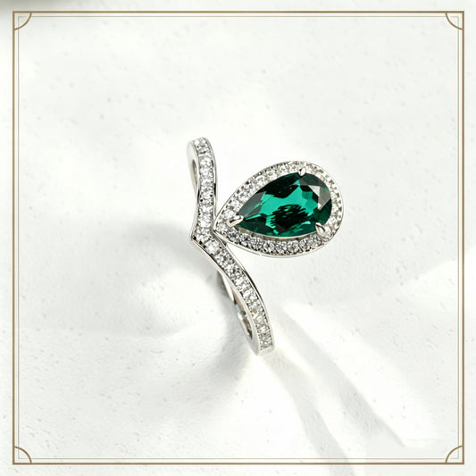 925 Sterling Silver Lab Emerald Teardrop Halo Ring, Designer V-Shape Pave - Photo 1